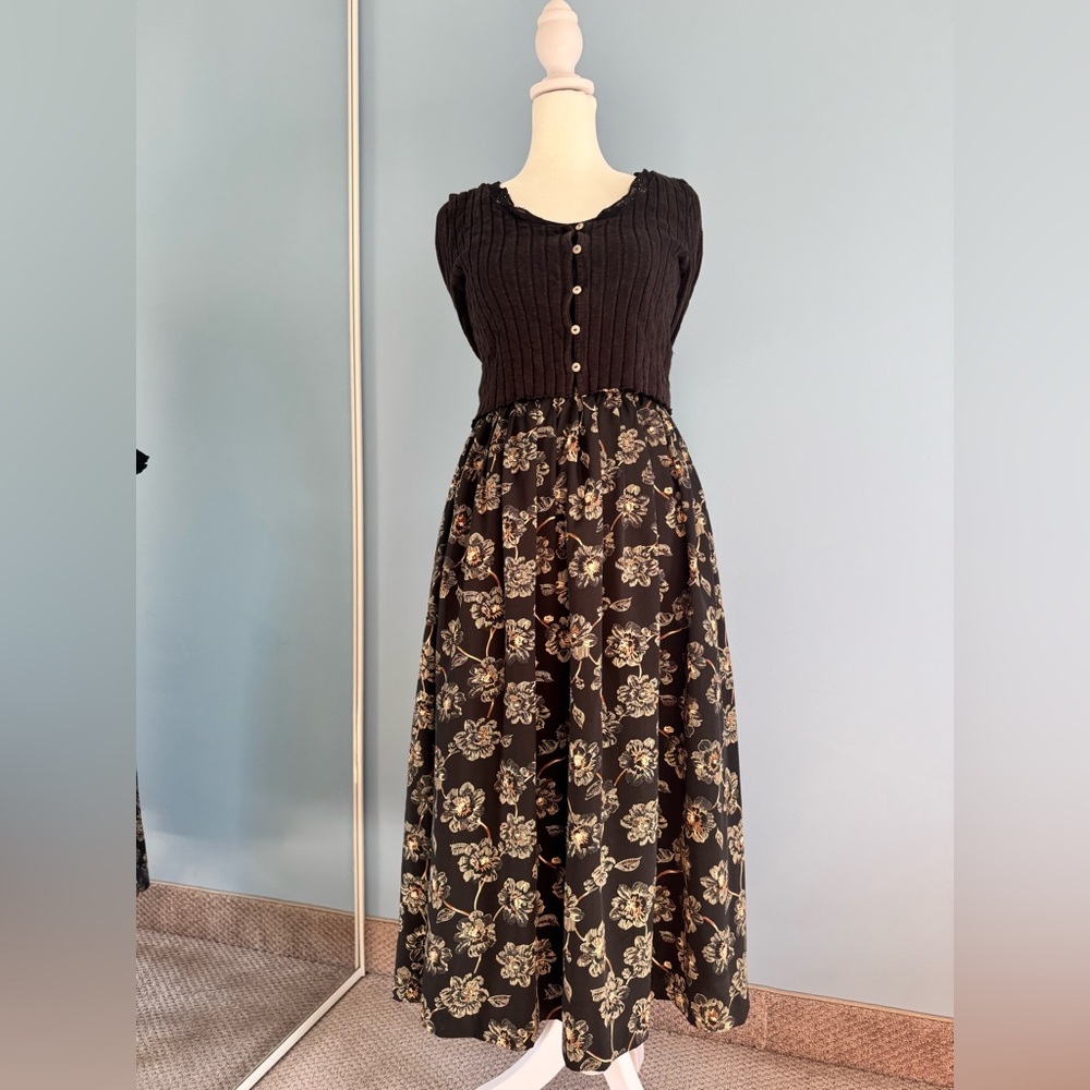 Midi Skirt - Vintage Black and Gold Floral Skirt